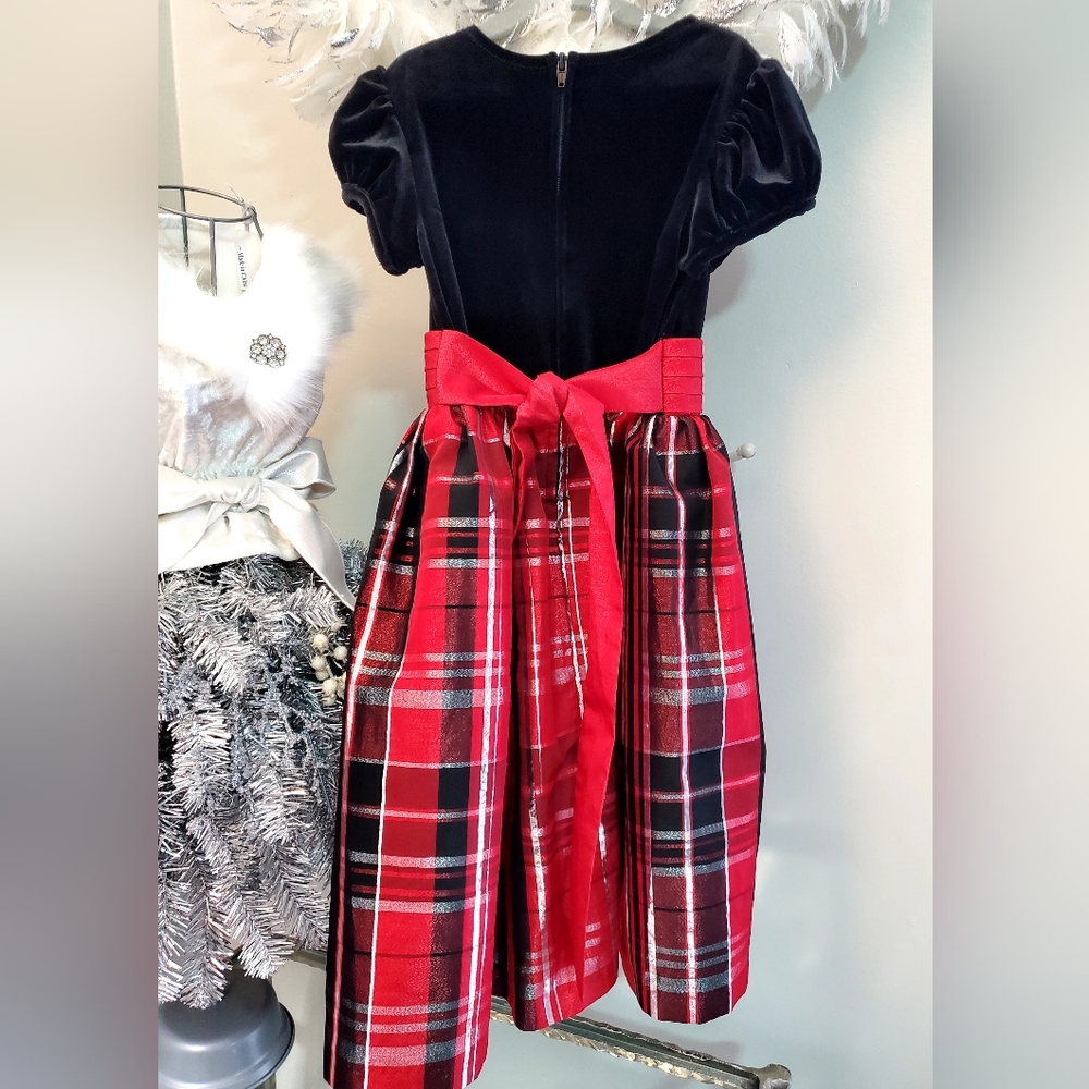 Girl's Bonnie Jean red, black, silver plaid holiday velvet taffeta dress Sz 6X - Picture 4 of 11